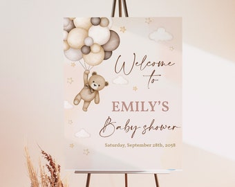 Teddy Bear Welcome Sign Beige Bear Baby Shower Poster Bearly Wait Balloons Yard Sign Printable Party Sign Gender Neutral Template BS21E