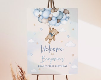 Panneau de bienvenue d'anniversaire d'ours en peluche pour garçon bleu, affiche d'herbe de la pampa