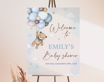 Teddybär Willkommen Schild Baby Shower Party Decor Blaues Pampasgras Poster Boho Heißluftballons Veranda EDITIERBARE BS21B