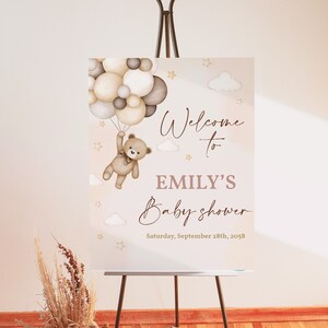 Teddybär Willkommensschild Beige Bär-Baby-Dusche-Poster Bearly Warten Ballons Yard-Schild Printable Party Schild Gender Neutral Vorlage BS21E