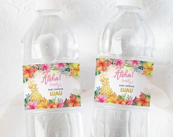 Aloha Baby Shower Water Bottle Label Hawaiian Tropical Luau Gender Neutral Decor Summer Party Gold Pineapple Drink Labels Printable BS19P