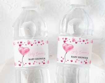 Valentines Day Water Bottle Label Little Sweetheart Baby Shower Party Decor Valentine Drink Labels Pink Red Hearts Balloon Printable BS35P