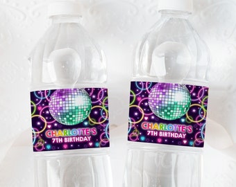 Etichetta per bottiglia d'acqua per festa di ballo, decorazione per festa di compleanno di ragazze adolescenti, palla da discoteca arcobaleno al neon, musica retrò anni '90 e '80, etichetta per bevande stampabile BT74V