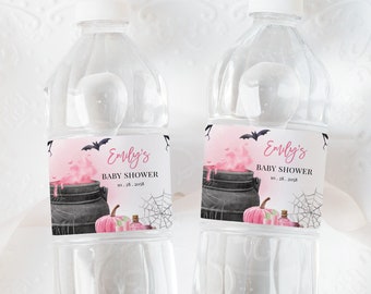 Halloween Baby Shower Water Bottle Label Baby is Brewing Drink Label Witch Gender Neutral Party Decor Girl Pink Fall Autumn Printable BS66P