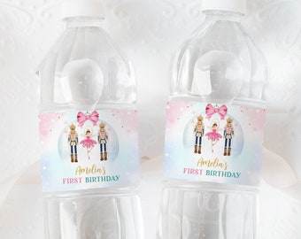 Nutcracker Birthday Water Bottle Label Land of Sweets Drink Label Girl 1st Party Decor Winter Pink Sugar Plum Fairy Ballet Printable BT89P