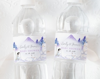 Winter Wonderland Water Bottle Label Onederland Drink Labels Girl Baby Shower Party Decor Polar Bear Arctic Animals Forest Printable BS06HV