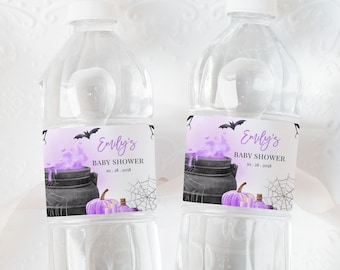 Halloween Baby Shower Water Bottle Label Baby is Brewing Drink Label Witch Gender Neutral Party Decor Girl Pink Fall Autumn Printable BS66V
