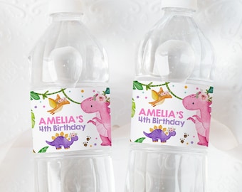 Può includere: Due bottiglie d'acqua in plastica trasparente con etichette personalizzate. Le etichette presentano un dinosauro rosa, un dinosauro viola e il testo "AMELIA'S 4th Birthday". Le etichette hanno uno sfondo bianco con foglie verdi e dinosauri volanti gialli.