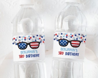 4 juli waterfles label Fourth of July patriottische verjaardag partij decor rood wit blauwe sterren en strepen drankje etiketten afdrukbare HL29