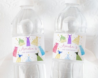 Princess Birthday Water Bottle Label Once Upon a Time Princess Dresses Drink Label Royal Girl Pink Dress Up Party Decor Printable AT14