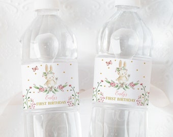 Bunny Birthday Water Bottle Label Boy Girl 1st Birthday Party Decor Easter Rabbit Drink Label Pink Gold Flower Spring Floral Printable BT60P