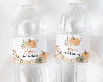 Our Little Pumpkin Water Bottle Label Rustic Fall Autumn Leaves Orange Pumpkin Drink Label Boy Girl 1st Birthday Party Decor Printable AT16E