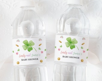 St Patricks Day Baby Shower Water Bottle Label Lucky Charm Party Decor Little Shamrock Rainbow Four Leaf Clover Drink Labels Printable BS49