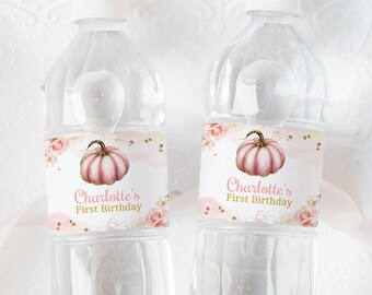 Pumpkin Birthday Water Bottle Label Boy Girl Birthday Party Decor Fall Autumn Pumpkin Patch Harvest Farm Printable Waterproof Sticker BT22P