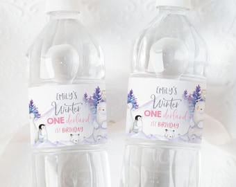 Winter Onederland Water Bottle Label Wonderland Girl 1st Birthday Party Decor Pink Polar Bear Arctic Animals Drink Labels Printable BT46HP