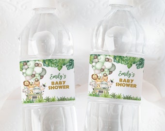 May include: Two clear plastic water bottles with green and brown labels. The labels feature a jungle theme with animals, balloons, and the text "Emily's Baby Shower".