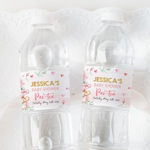 Étiquette de bouteille d'eau de fête de thé, décoration de douche de bébé, rose pâle, théière florale, thé fantaisiste, étiquettes de boissons de fête de jardin, imprimables BS18P