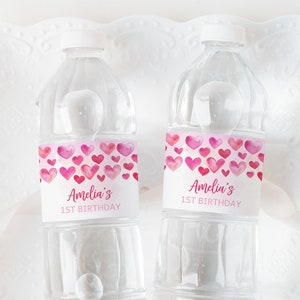 Valentines Day Water Bottle Label Sweetheart Birthday Party Decor Girl 1st Valentine Drink Labels Pink Red Hearts Balloon Printable AT25P