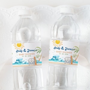 Etiqueta para botella de agua con temática de surf para baby shower, diseño de bebé a bordo, decoración para fiesta de playa, furgoneta de surf retro, etiquetas imprimibles para bebidas con olas oceánicas BS52B