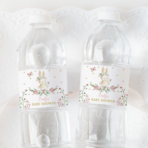 Hase Baby-Dusche Wasserflasche Etikett kleines Häschen Mädchen Frühling Party Dekor Ostern Kaninchen rosa Gold Blume Blumen Getränkeetikett Printable BS12P