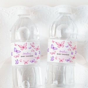 Butterfly Baby Shower Water Bottle Label Girl Gender Neutral Pink Purple Butterflies Floral Spring Garden Party Drink Label Printable BS36V