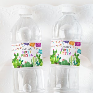 Étiquette de bouteille d'eau Fiesta anniversaire fille 1er anniversaire Party Decor cactus mexicain succulente boisson étiquette Cinco De Mayo Taco Bout imprimable BT54
