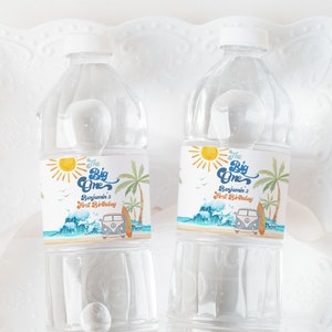 Etiqueta para botella de agua de cumpleaños de The Big One Surf, decoración para el primer cumpleaños de Boy Surfing, etiquetas para bebidas para fiestas en la playa, furgoneta de surf retro imprimible AT01B