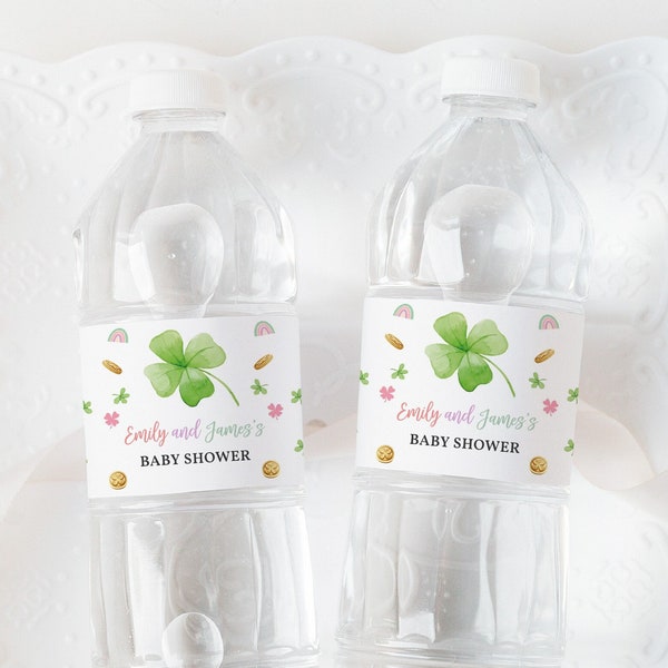 St Patricks Day Baby Shower Water Bottle Label Lucky Charm Party Decor Little Shamrock Rainbow Four Leaf Clover Drink Labels Printable BS49