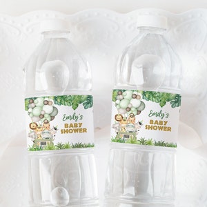 Etiqueta para botella de agua de safari para baby shower, etiqueta dorada para bebida salvaje, decoración de fiesta de género neutro para niño, pegatinas imprimibles de animales del zoológico BS47G