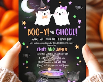 Halloween Gender Reveal Invitation, Booy or Ghoul Baby Shower Invite, Little Boo Spooky Cute Ghost Orange or Purple October EDITABLE BS30KZ