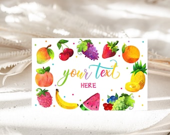 May include: A white card with a colorful fruit design. The card has the text "your text here" in pink and blue lettering. The fruit design includes a peach, a banana, a watermelon, a pineapple, a strawberry, a grape, a cherry, an orange, and raspberries.