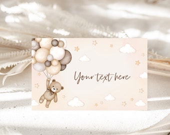 May include: A light pink card with a brown teddy bear holding onto a bunch of balloons. The balloons are beige, brown, and white. The card has a light brown border and the text "Your text here" in brown lettering.