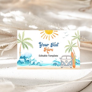 Tiendas de comida para baby shower con tema de surf Etiquetas de comida para el primer cumpleaños del niño surfeando Tarjetas de lugar para fiestas en la playa de verano para imprimir BS52B AT01B
