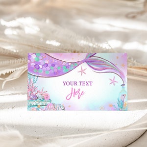 Tentes de nourriture pour baby shower sirène sous la mer anniversaire étiquettes de nourriture princesse magique violet sarcelle or queue marque-places imprimables BS37V BT48V