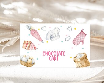 Baking Birthday Food Tents Girl Chef Cooking Party Decor Cake Decorating Food Labels Bakery Sweet Cookie Bake Printable Place Card BT55P