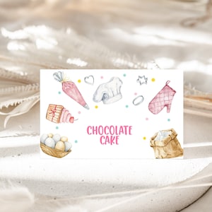 Backen Geburtstag Essen Zelten Mädchen Koch Kochen Party Dekor Kuchen Dekorieren Lebensmitteletiketten Bäckerei süß Cookie Backen Printable Platzkarte BT55P