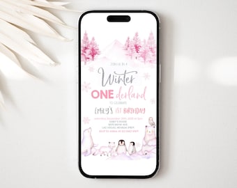 Winter Onederland Evite, Woodland Animals Birthday Digital Invitation, Pink Polar Bear Mobile Phone, Electronic Text Invite EDITABLE BT46P