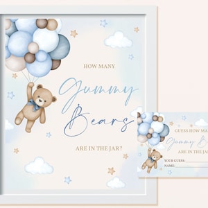 Jeu de baby shower ours en peluche devinez combien d'oursons en gélatine sont dans le bocal carte signes ballons à air chaud bohème herbe de la pampa bleue imprimable BS21B