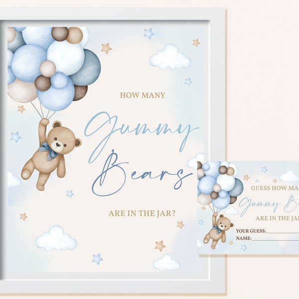 Teddy Bear Baby Shower Game Guess How Many Gummy Bears Are In the Jar Signs Card Blue Pampas Grass Party Decor Printable Template BS21B