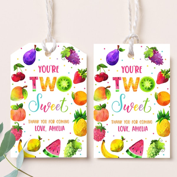 Twotti Frutti Favor Tags Girl 2nd Birthday Gift Tags Tutti Frutti Baby Shower Tropical Summer Party Fruit Thank You Tags Printable BS17 BT62