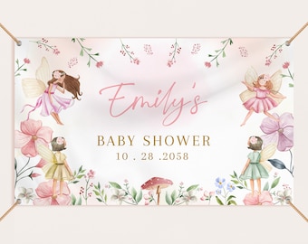 Fairy Backdrop Banner Girl Baby Shower Decor Whimsical Enchanted Forest Magical Pink Floral Garden Tea Party Photo Booth EDITABLE BS42P