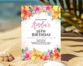 Luau Birthday Invitation Tropical Birthday Invite Any Age Girl Aloha Summer Party Hawaiian Tiki Pink Floral Hibiscus EDITABLE Template AT02P