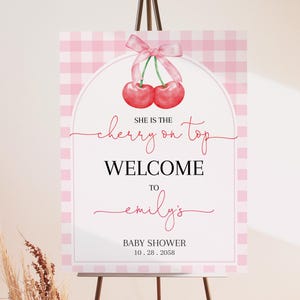 Cherry Baby Shower Willkommensschild Kirsche auf Top Mädchen Baby Shower Decor Rot Rosa Schleife Beeren Poster Süße Sommer Obst Veranda EDITIERBARE BS95P
