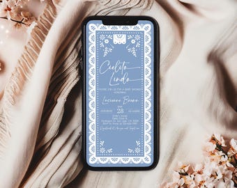 Cielito Lindo Baby Shower Evite Boy Blue Mexican Talavera Digital Invitation Papel Picado Mobile Phone Electronic Text Invite EDITABLE AS42B