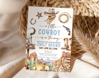 May include: A baby shower invitation with a watercolor illustration of a desert scene. The text reads "a little cowboy is on the way" and includes the name "Emily Brown" and the date "Sat Apr 28 | 2 PM".