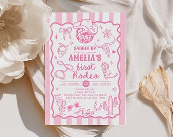 May include: Pink and white invitation card with a rodeo theme. The card features illustrations of a cowboy hat, boots, and a lasso. Text reads "Saddle Up" and "Amelia's first Rodeo". Includes event details.