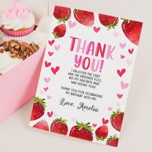 Tarjeta de agradecimiento para baby shower con fresas, nota de agradecimiento para el primer cumpleaños con bayas, dulce niña, fruta de verano, rosa y rojo, imprimible BS16P BT37P
