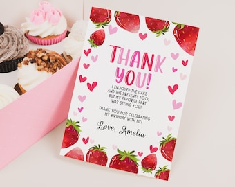 Strawberry Baby Shower Thank You Card Berry First Birthday Thank You Note Berry Sweet One Girl Summer Fruit Pink Red Printable BS16P BT37P