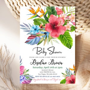 Aloha Baby Shower Invitation Tropical Luau Gender Neutral Invite Hawaiian Flowers Summer Party Pink Hibiscus Plumeria Floral EDITABLE BS09R