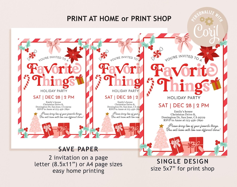 May include: Holiday party invitation with a festive design. The invitation features the text "Favorite Things" in red and pink, along with decorative elements like candy canes, gifts, and bows. The invitation is available in two sizes.
